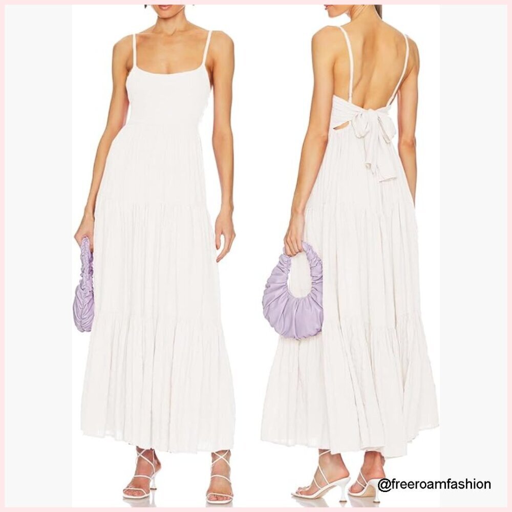 Cotton Maxi Dress with Spaghetti Straps, Backless Lacing, A-Line Swing